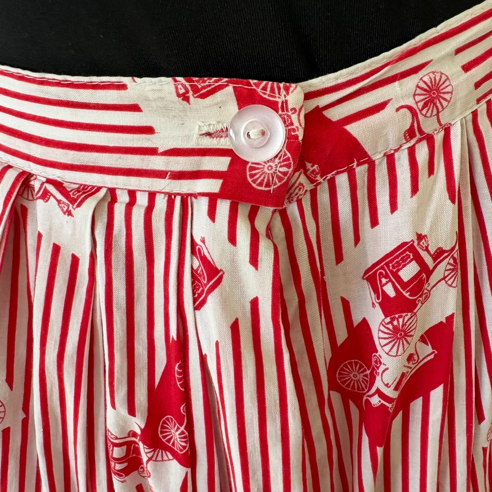 Vintage 1950s Red White Stripe Carriage Print Circle Skirt XXS XS - Picture 6 of 8